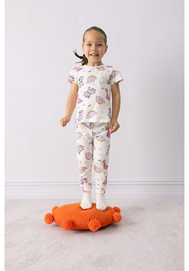 Defacto %100 Pamuklu Dinozor Baskılı Pijama Takımı Kız Bebek E1547A525SM Ekru
