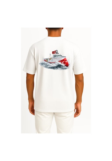 Bahriyeli Collection Oversize Rv Barbaros Hayreddin Paşa Dalgalar Arası Göğüs Ve Sırt Baskılı Unisex T-shirt Beyaz