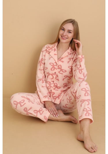 Fwn 1608 Boydan Düğmeli Polar Kumaşlı Kışlık Kadın Pijama Takımı Pembe