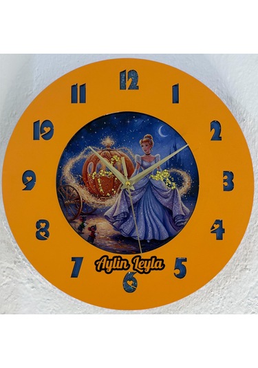 Kişiye Özel İsimli Çocuk Odası Duvar Saati Epoksi Dolgulu 35 Cm Masallar Serisi Turuncu - Mavi