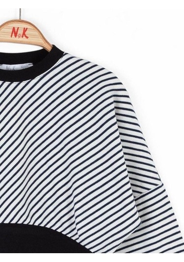 Kız Çocuk Pamuklu Çizgili Crop Sweatshirt-14715 Siyahbeyaz