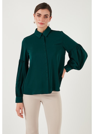 Lela Regular Fit Dikiş Detaylı Düz Yaka Balon Kol Bayan Gömlek 611Go00003 Zümrüt