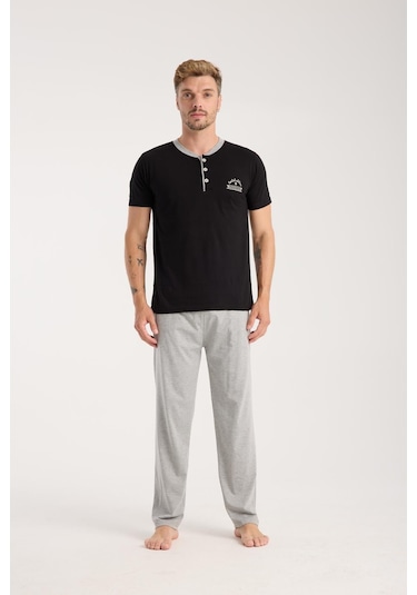 Akbeniz Erkek Siyah Düğmeli Yaka Kısa Kol Pijama Takımı
