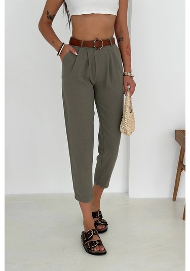 Kemer Detaylı Keten Pantolon Haki Haki