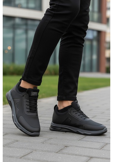 Siyah Lastik Bağcıklı Hafif Esnek Erkek Spor Ayakkabı Kaif 2323 M Siyah-siyah