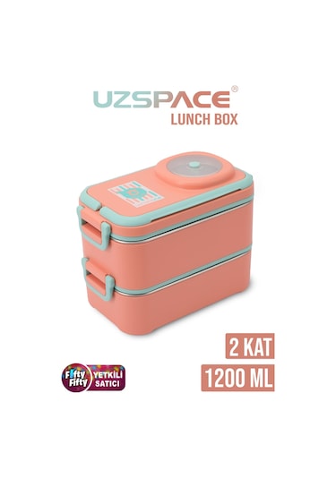 Uzspace 1200 Ml İki Kat Dört Bölme Paslanmaz Çelik Lunch Box Yeni Nesil Sefer Tası-sos Kaseli Model-fflbox8023 Turuncu