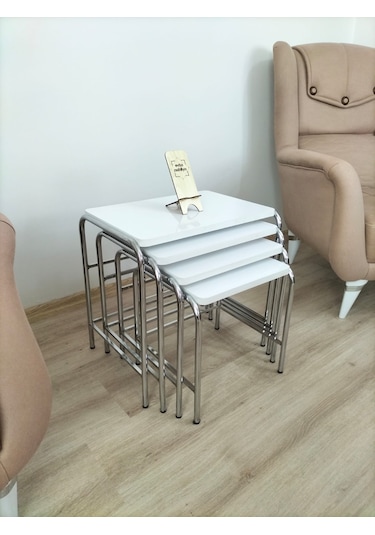 Evko Mobilya Buket Sehpa, 4'lü Zigon Sehpa, Dörtlü, Krom-beyaz