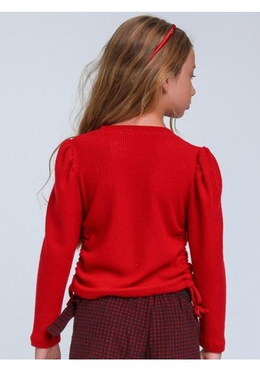 Kız Çocuk Fitilli Taş İşleme Detaylı Bluz-14340 Kırmızı