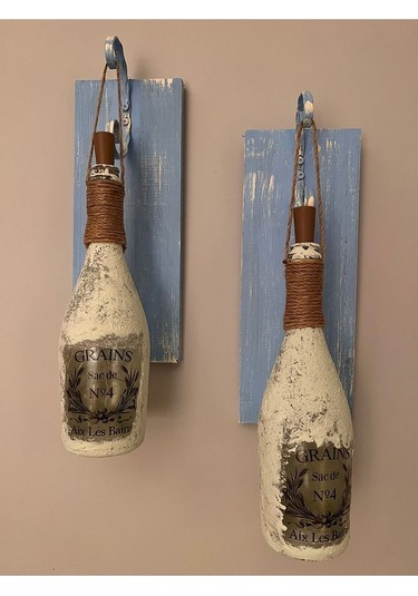 Tıpa Peri Led Işıklı Mavi Eskitme Ahşap Buzlu Cam Şampanya Şişesi Çok Renkli