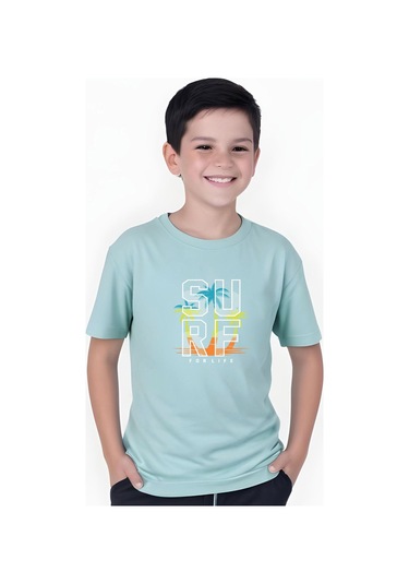 Surf Baskılı Erkek Çocuk Kısa Kollu Tişört Mint Yeşili