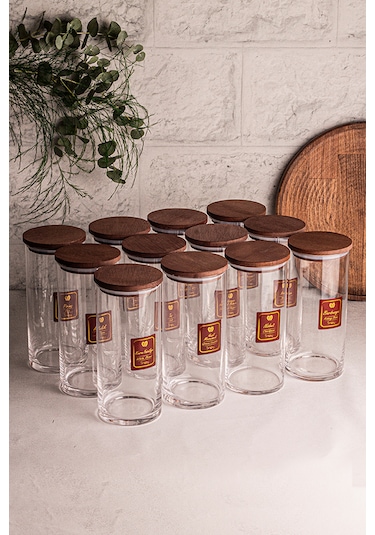 Snippy Story - 12'li Etiketli Cam Jumbo Saklama Kabı Baharatlık Ahşap - Şeffaf