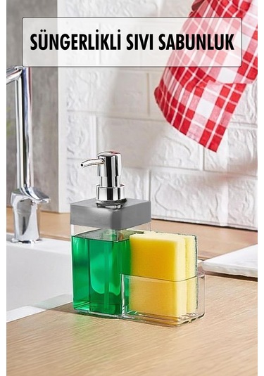 Gri Renkli Sıvı Sabunluk Süngerlik Hazneli 450 Ml Siyah