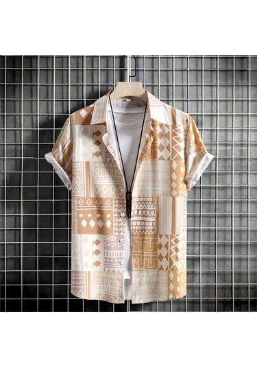 Snapbuy 2025 Erkek 3d Havai Gömlek - Basit Çizgili, Gevşek Nefes, Yazlık Kısa Kollubej Bej