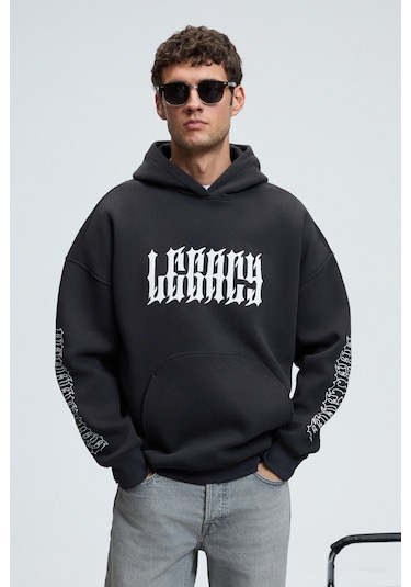 Grimelange ARMAND Erkek Kapüşonlu Kanguru Cepli Önü Baskılı Oversize Antrasit Sweatshirt