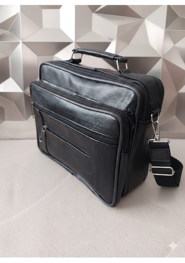 Newish Polo Hakiki Deri Postacı El Çantası Yan Kasasız Model - Büyük Siyah