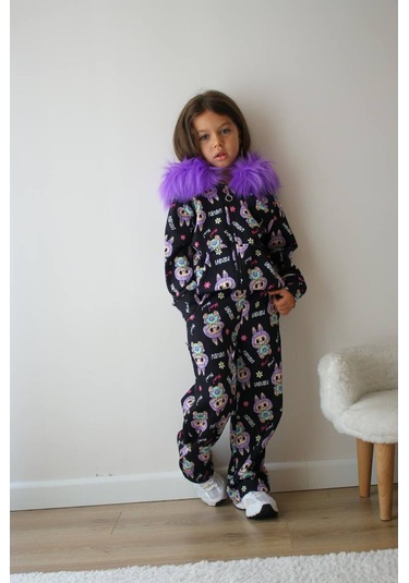 Kız Çocuk Peluş Kapüşonlu Alt Üst Sportif Eşofman Takımı Fermuar Kapamalı Mor