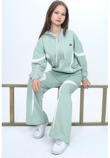 Kız Çocuk %100 Pamuk Garnili Kapüşonlu Fermuarlı Oversize Alt&üst Trend Eşofman Takımı-315-eşt-0003 Su Yeşili
