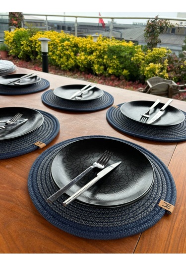 6 Lı Yuvarlak Supla Takımı Kolay Temizlenebilir, Modern Sofralar İçin Lacivert -antrasit
