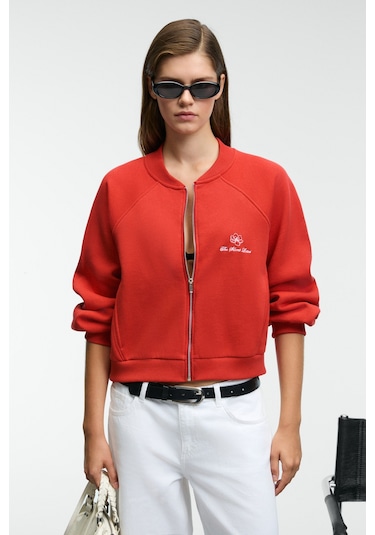 Grımelange Yasvell Kadın Metal Fermuarlı Çift Cepli Nakış Detaylı Balon Kollu Bomber Kırmızı Ceket Kırmızı