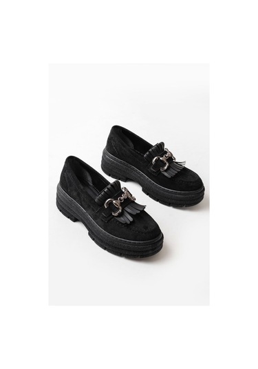 Siyah Süet Tokalı Günlük Yüksek Tabanlı Loafer Ayakkabı Siyah