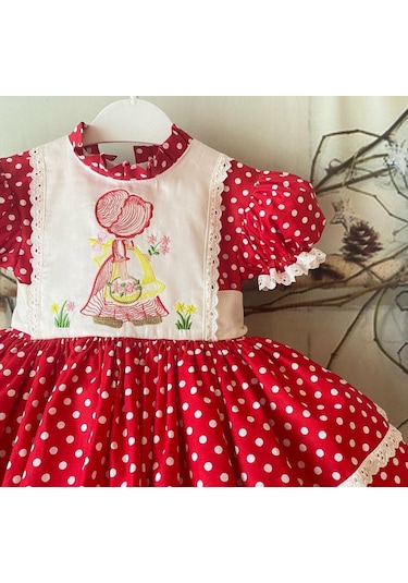 Kırmızı Puantiyeli Nakışlı Kız Bebek Elbisesi,özel Dikim Çocuk Elbisesi, Doğum Günü Elbisesi, 0-12 Yaş Kırmızı