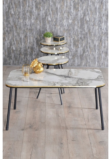 Orta Sehpa Kr Siyah Tel Ayak Çift Altın Bendir Siyah Mermer Desen