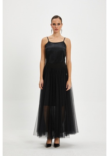 Tül Katmanlı Uzun Şifon Etek Siyah