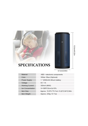 Tenfowee Usb Usb İyonlu Hava Temizleyici, Ev Ve Araç İçin Formaldehit Ve Koku Giderici, Kokulu Aromaterapi Makinesi, Mavi, Dahili Li-pol Batarya
