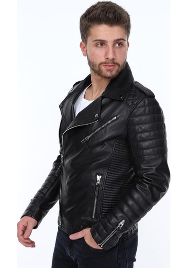 Hakiki Deri Siyah Manuel Fermuarlı Erkek Deri Ceket Siyah