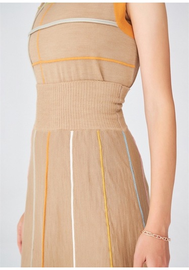 Peraluna Çizgili Yüksek Bel Bol Kesim Diz Altı Kadın Triko Etek C Camel