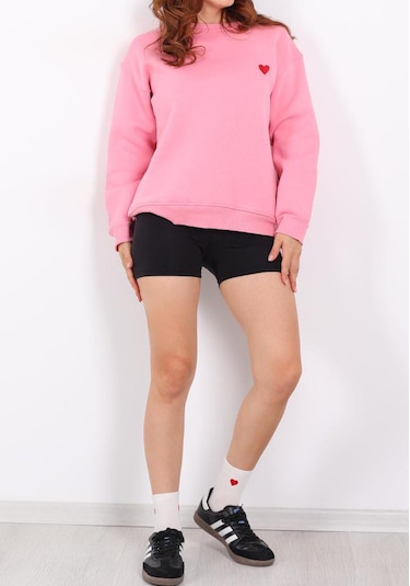 İs Berceste Kadın Bisiklet Yaka Kalp Nakışlı 3 İplik Şardonlu Sweatshirt Pembe