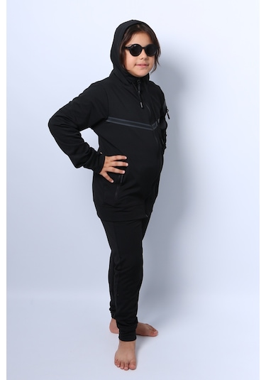 Kız Çocuk Eşofman Takımı Kapşonlu Fermuarlı Ribanalı C59 Siyah