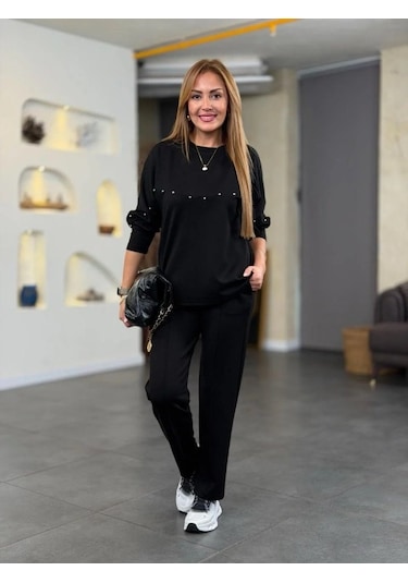 Tua Moda Kadın Inci Detay Modal Kumaş Ikili Takım Siyah