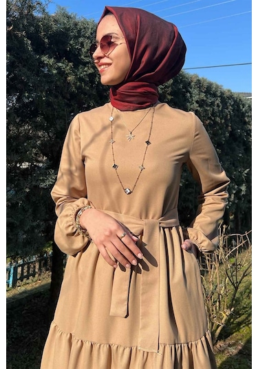 Rabia Şamlı Bej Gabardin Elbise Normal