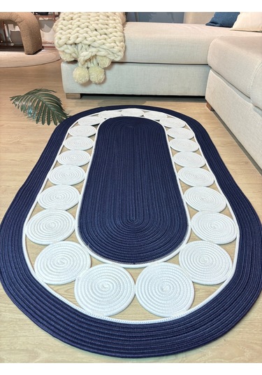 Cookie Jüt Hasırlı El Örgüsü Kilim Lacivert - Beyaz