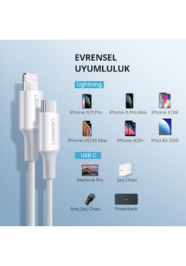 Ugreen 10493 Type-C To Lightning 3A Pd Mfi Hızlı Şarj Kablosu Beyaz 1 M