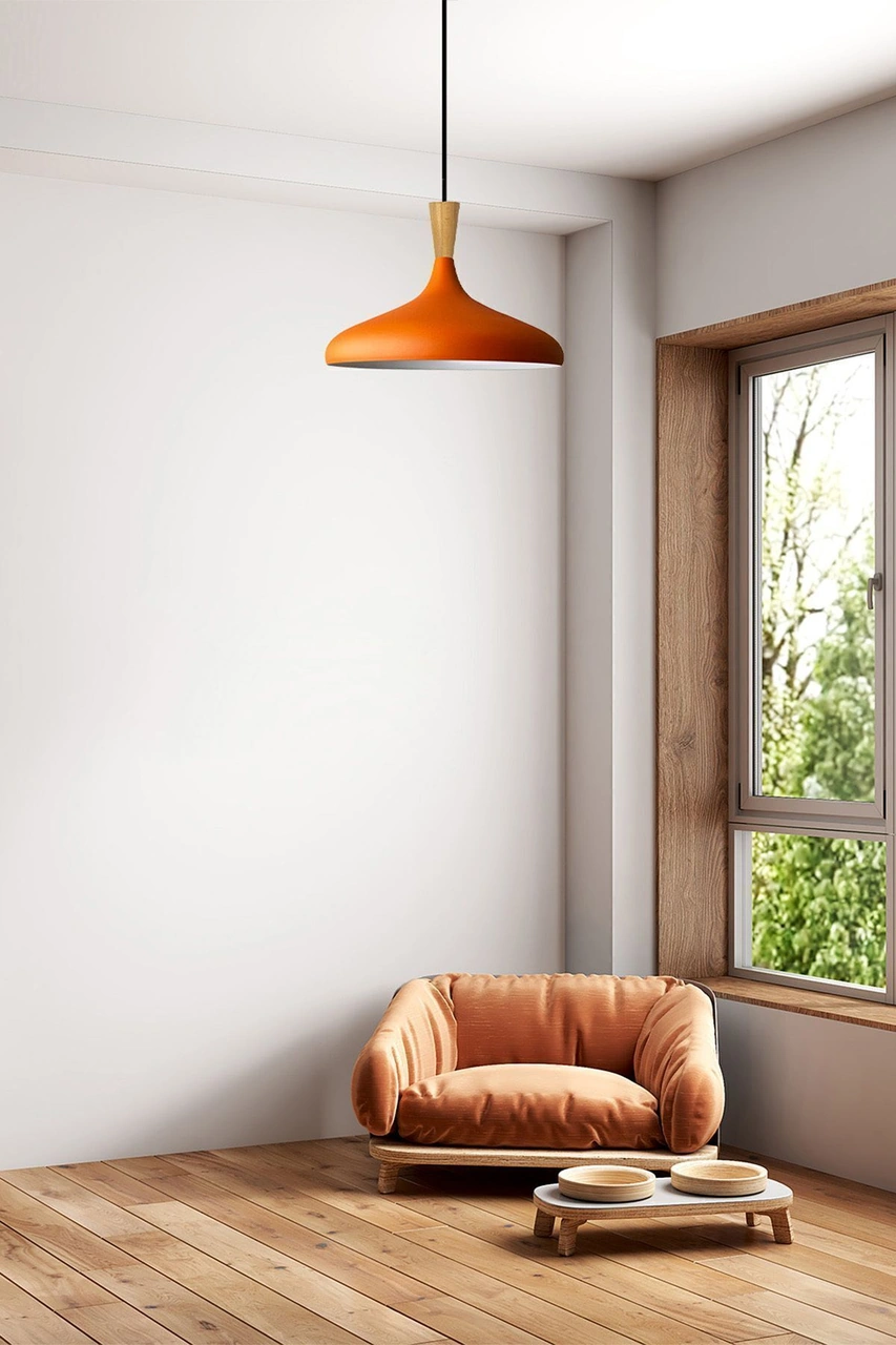 Champion Turuncu Ahşap Huni Tekli Avize Sarkıt Salon Mutfak Cafe Butik Lamba Aydınlatma Avizeler Turuncu