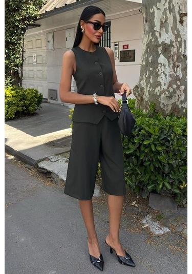 Midi Şortlu Ve Yelekli Viscon Takım 10167 Çağla