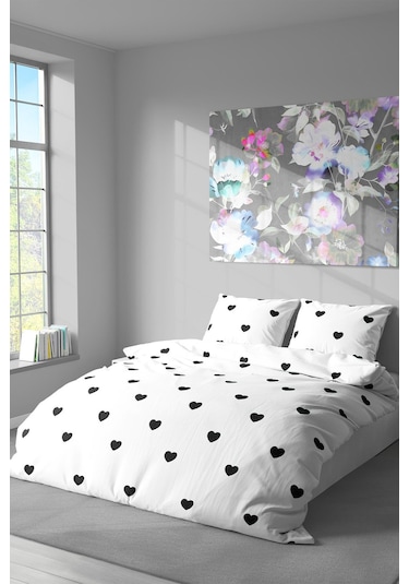 Pamuklu Çift Kişilik Nevresim Seti Nevresim Ve Yastık Kılıfı Çarşafsız Siyah Kalp Desenli Kırmızı