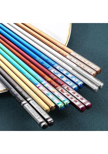 Agoodshop Mavi Paslanmaz Titanyum Altın Kare Yemek Çubukları Ev Otel Seti Hediye Kutusu Mavi Mavi