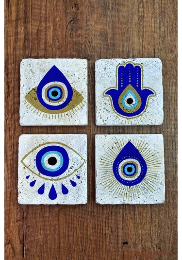 Baskılı Doğal Taş Bardak Altlığı 4'lü Set 10x10x1 Cm Nazar Boncuğu Desenli Çok Renkli