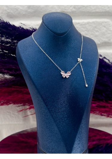 925 Ayar Gümüş Pembe Mineli Özel Tasarım Zarif Kadın Kolye Gümüş