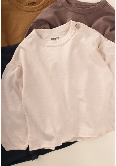 Fırçalı Rustik Uzun Kollu T-shırt 1-7 Yaş Ekru Ekru