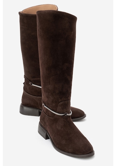 Ansel Kahverengi Süet Hakiki Deri Bilek Kayışlı Kadın Binici Çizme Kahverengi