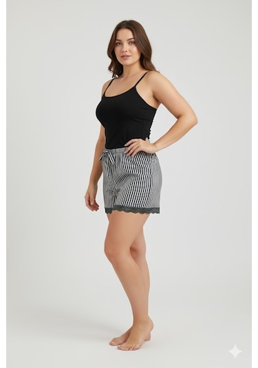 Çizgili Penye Kadın Ev Şortu Bacak Dantel Detaylı Ev Giyim Siyah Diğer