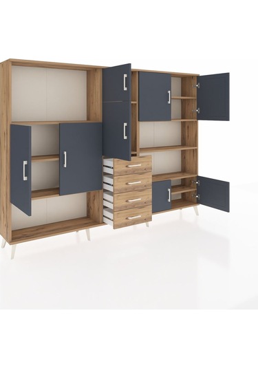 Arges Dolap 9 Raflı 4 Çekmeceli 8 Kapaklı 220x30x163 Çam-antrasit Çam-antrasit/çam