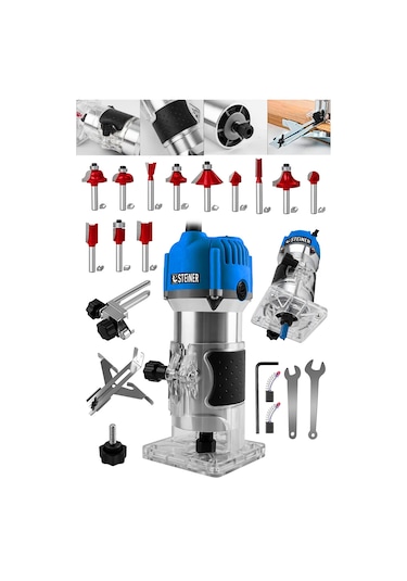 Steiner 3000 Watt 6 Kademe Devir Ayarlı Formika Traşlama Freze Makinesi 6 MM Pens Mavi + Uç 12 Adet