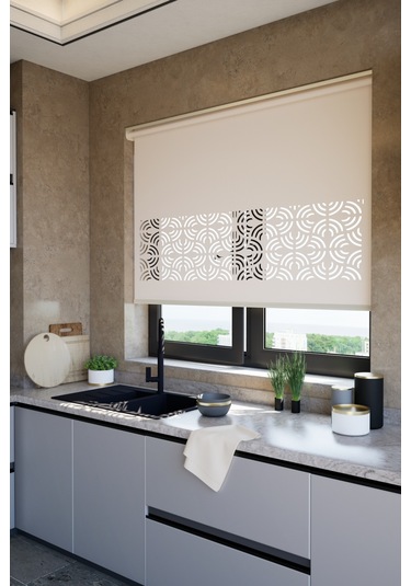 Lazer Kesim Mat Stor Perde, Lazer Kesimli Modern Serisi, M-171003 Açık Kahverengi Renk Açık Kahverengi