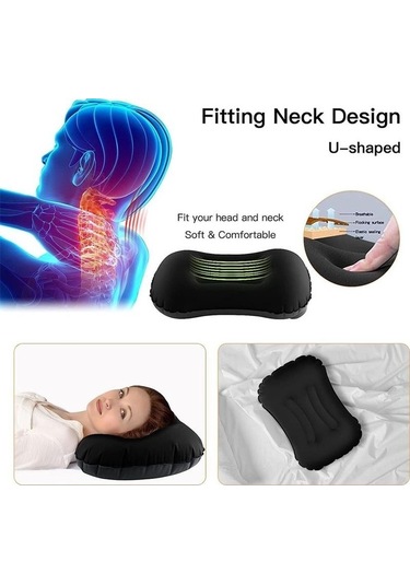 Pazly Siyah Büyük Seyahat Kamp Yastığı - Kafa Dayanağı Şişme Yastık, Dikdörtgen Konforlu, Uyku Desteği Siyah