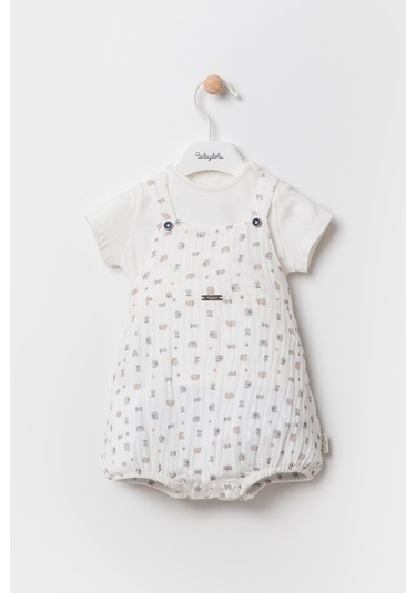 Baskılı Basic Tshirt Tulum Salopet 2'li Takım Ekru 12845 001